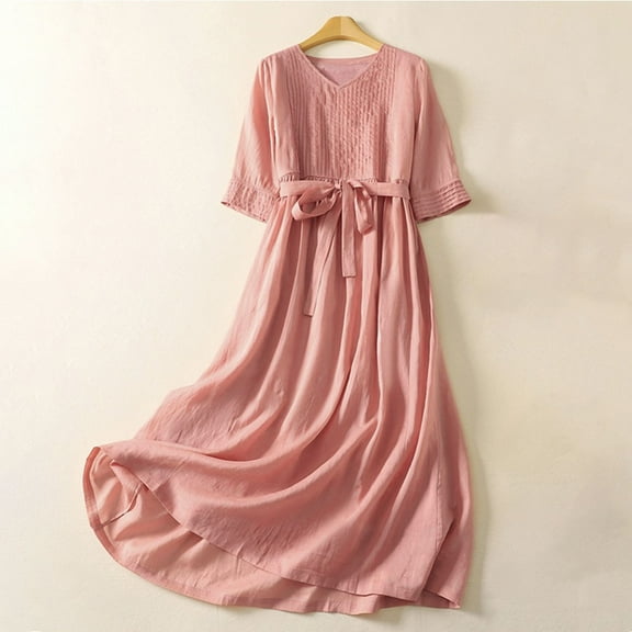 Meichang Casual Dresses for Women Summer V Neck Short Sleeve Midi Dresses Pleated Front Wedding Guest Dresses Beach Vacation A-Line Dress with Tie Waist
