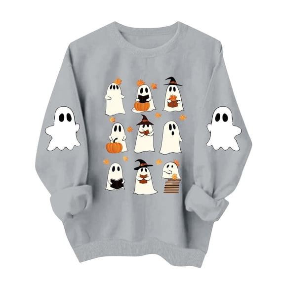 Meichang Casual Halloween Sweatshirts Women Oversized Crew Neck Sweatshirt Cute Ghost Print Sweatshirts Long Sleeve Sweatshirts Fall Pullover
