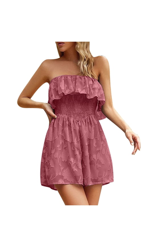 Chiffon Short Rompers for Women Off the Shoulder Ruffle Smocked Tiered Jumpsuits Tunic High Waist Solid Color Overalls
