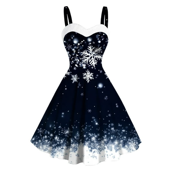 Christmas Dresses for Women Vintage Retro 1950s Xmas Snowflake Print Midi Dresses Sleeveless Spaghetti Strap A-Line Dress Cocktail formal Party Dresses