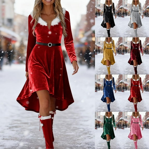 Meichang Christmas Dresses for Women Vintage Velvet Dress Cocktail Party Long Sleeve Faux Fur Trim V-Neck Swing Dress Knee Length Holiday Xmas Party Dresses