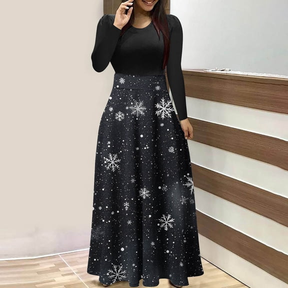 Meichang Christmas Dresses for Women Long Maxi Dress Christmas Print A-Line Party Dresses Long Sleeve Crew Neck Xmas Holiday Dresses