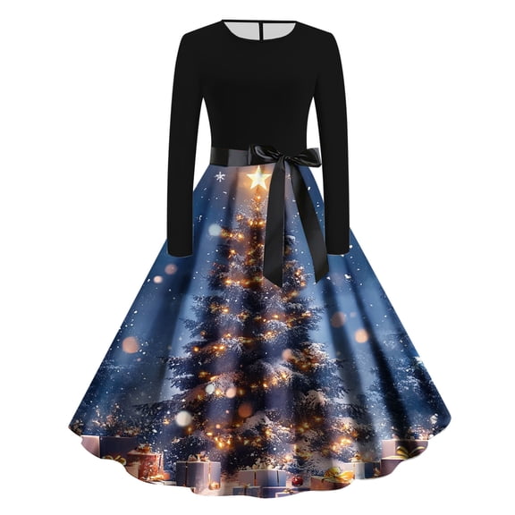 Christmas Dresses for Women Vintage Xmas Tree Print 1950s Dresses Long Sleeve Crew Neck A-Line Midi Dress Holiday Party Dresses