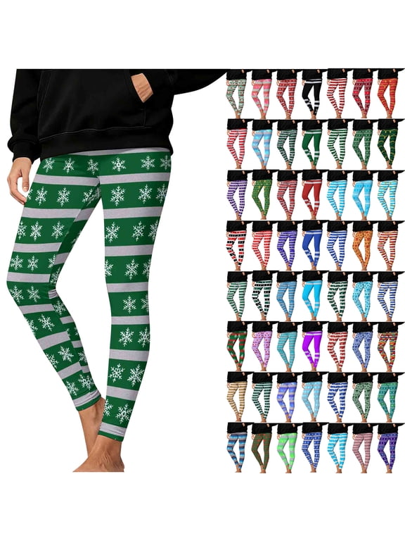 Christmas Leggings for Women Holiday Striped Print High Waisted Workout Gym Pants Xmas Stretchy Gym Leggings