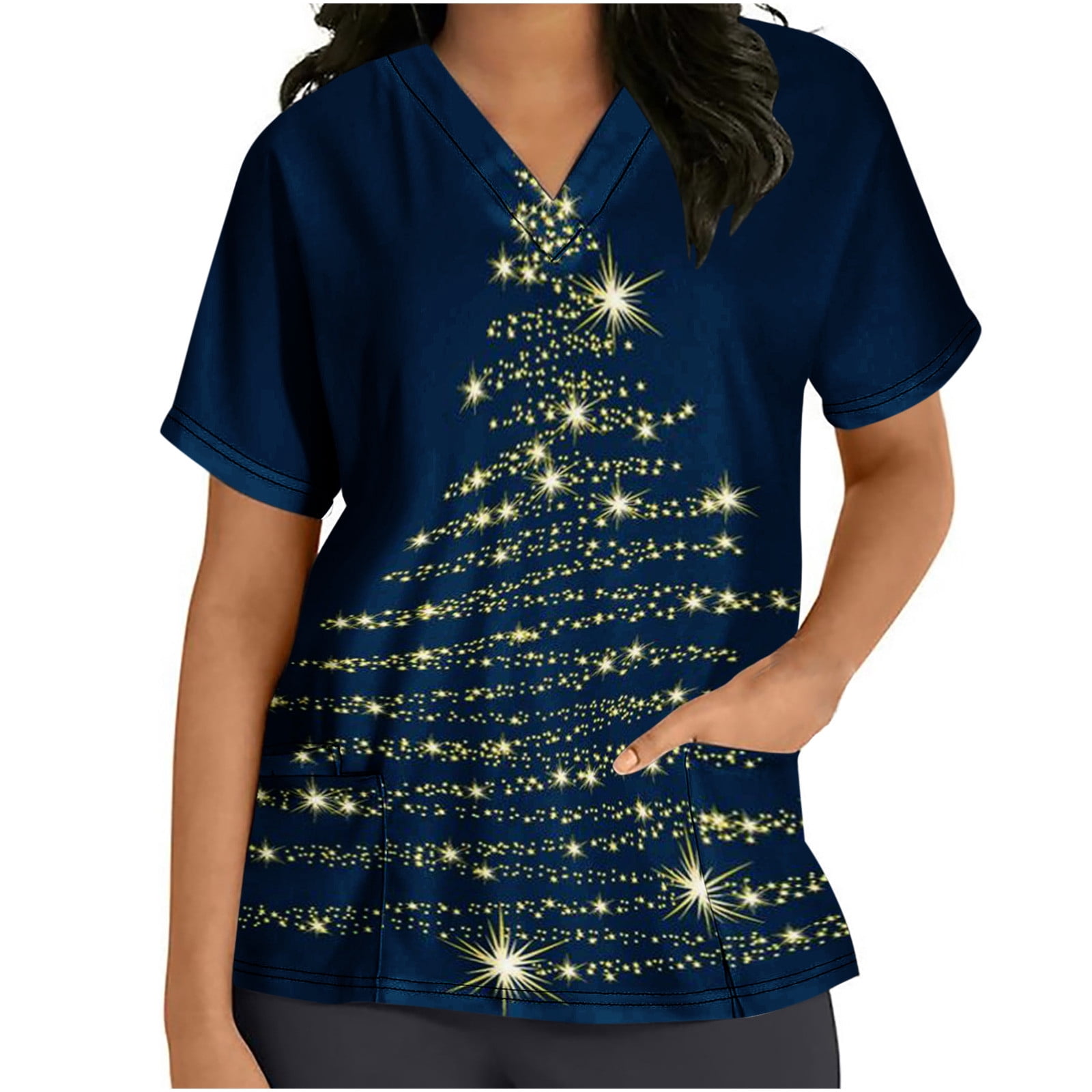 Meichang Christmas Nursing Scrubs Tops for Women Short Sleeve V Neck