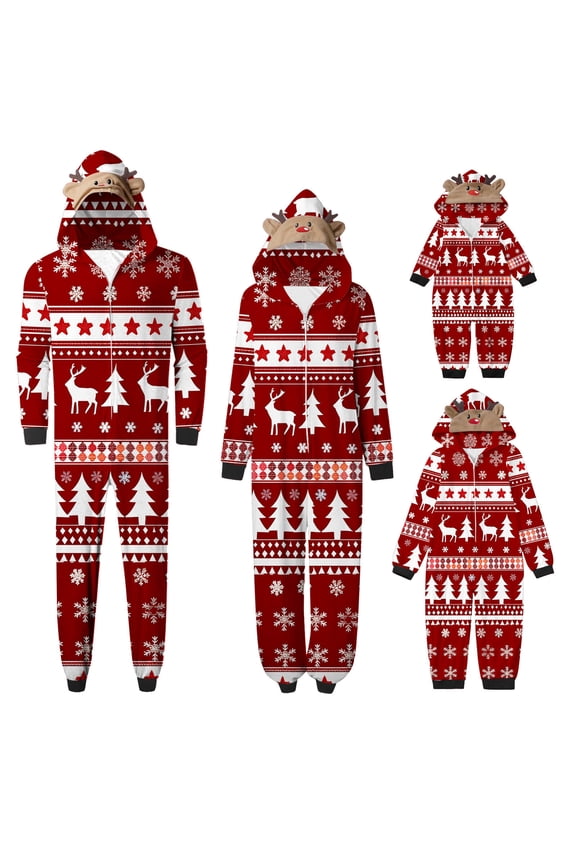 Christmas Pajamas Family Matching Pajamas Hooded Onesie Long Sleeve Front Zipper Christmas Print for Mom Dad