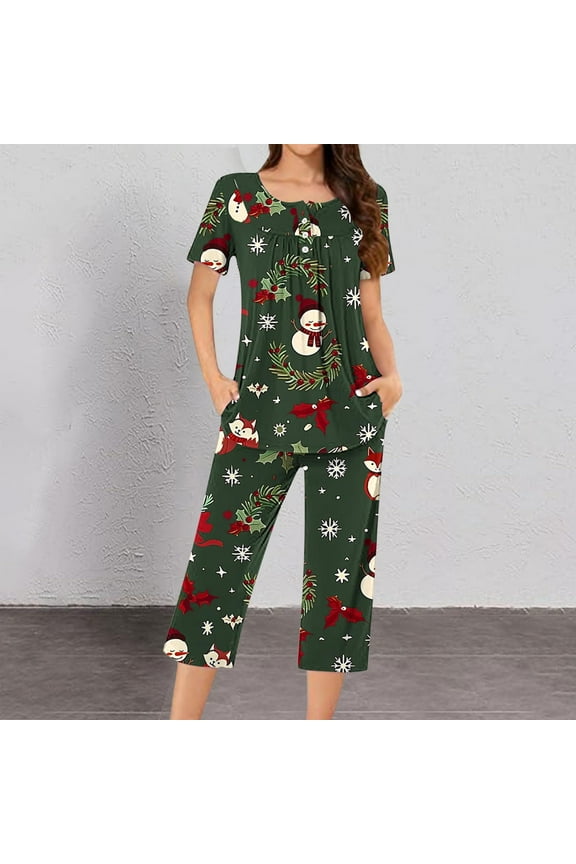 Meichang Christmas Pajamas for Women Capri Set Classic Xmas Snowman Print 2 Piece Outfits Short Sleeve Button Up Neck Pleated Top and Pant Sets for Sleepwear
