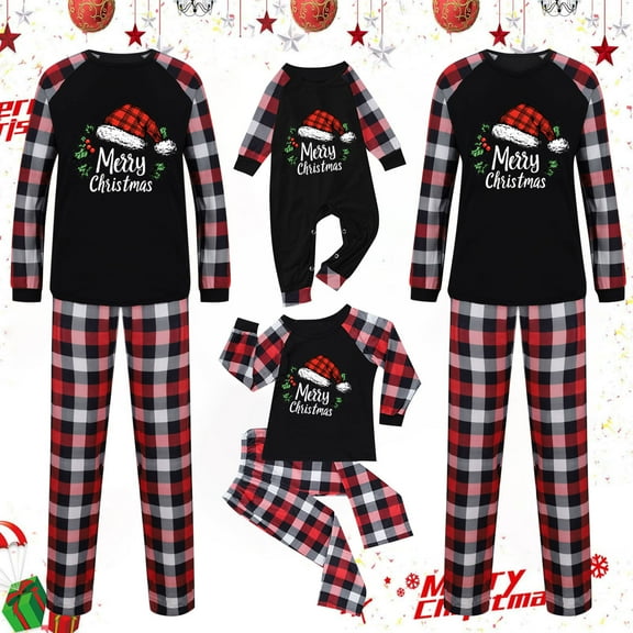 Meichang Christmas Pajamas for Couples 2-Piece Long Sleeve Tops and Plaid Pants with Holiday Print Cozy PJs