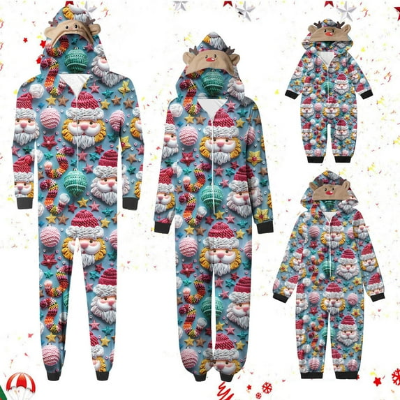Meichang Christmas Pajamas for Family Gift Sleepwear One Piece Onesies Cute Santa Claus Print Hooded Zip Up Jumpsuit Xmas Matching Sets for Adults