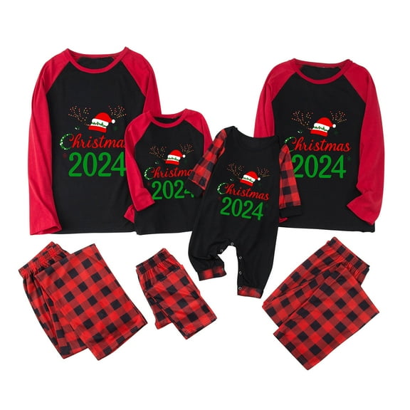Meichang Christmas Pajamas for Family Matching Christmas Print Pajama Set 2-Piece Long Sleeve Tops & Plaid Pant Cozy