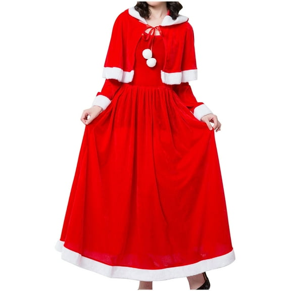 Christmas Party Dresses for Women with Short Velvet Hooded Shawl Santa Cape Cloak Winter Xmas Outwear for Women Vintage Long Sleeve Maxi Dresses Christmas Gifts