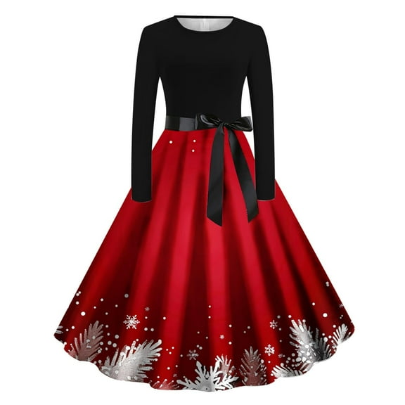 Meichang Christmas Party Dresses for Women Vintage 1950s Christmas Print A-Line Midi Swing Dress Long Sleeve Crew Neck Cocktail Dresses