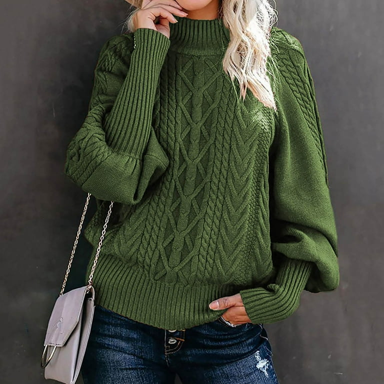Meichang Chunky Sweater Women Mock Neck Long Sleeve Cable Knit Pullover Top Solid Loose Fit Winter Warm Jumpers Sweater Army Green XL