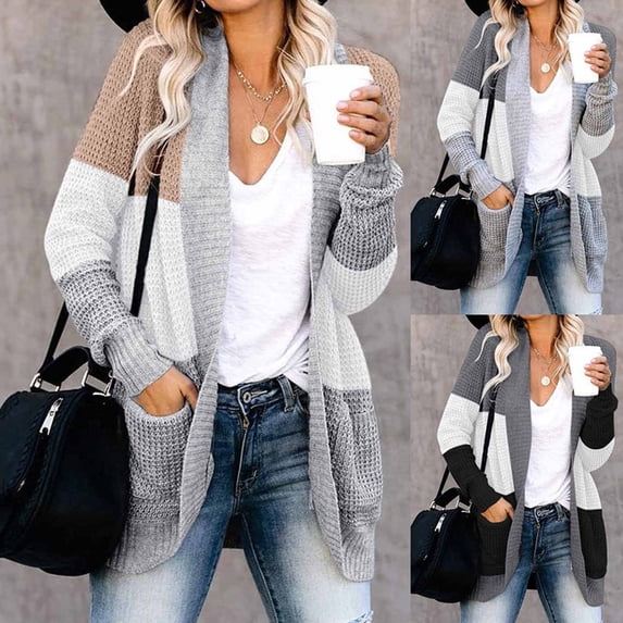 Meichang Color Block Knit Sweater Cardigan for Women Chunky Long Sleeve Open Front Cardigans Casual Fall Cardigan Sweaters with Pockets Gray L