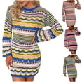 thumbnail image 1 of Meichang Colorful Striped Knit Sweater Dresses for Women Fall Winter Long Sleeve Crewneck Short Sweater Dresses, 1 of 9