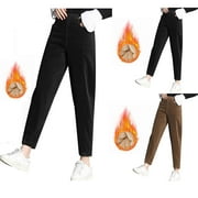 MEICHANG Corduroy Pant for Women Winter Warm Fleece Lined Pant Straight Leg Elastic Waist Ankle Length Trouser Solid Thermal Lounge Pants with Pockets