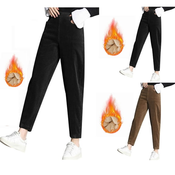 Meichang Corduroy Pant for Women Winter Warm Fleece Lined Pant Straight Leg Elastic Waist Ankle Length Trouser Solid Thermal Lounge Pants with Pockets