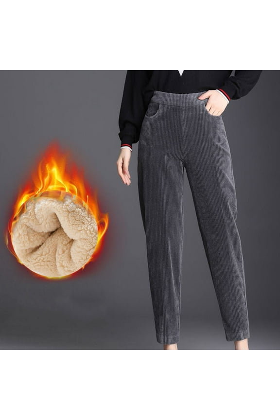 Corduroy Pant for Women Winter Warm Fleece Lined Pant Straight Leg High Waist Ankle Length Trouser Thick Thermal Lounge Pants