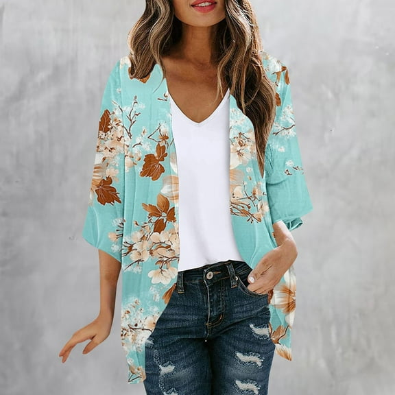 Meichang Cotton Cardigans for Women Puff Sleeve Floral Print Kimono Cardigan Lightweight Open Front Chiffon Cardigans Loose Beach Cover Up