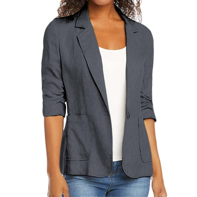 Meichang Cotton Linen Blazer Jacket for Women Bussiness Casual Blazers 3 4 Sleeve Button Open Front Blazer Jacket Solid Trendy Plus Size Jacket with