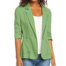 Meichang Cotton Linen Blazer Jacket for Women, Bussiness Casual Blazers 3/4 Sleeve Button Open Front Blazer Jacket Solid Trendy Plus Size Jacket with Pockets Green L