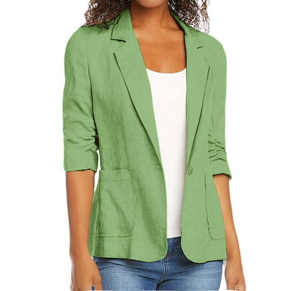 Meichang Cotton Linen Blazer Jacket for Women 3/4 Sleeve Button Open Front Cardigans Plus Size Solid Bussiness Casual Jacket with Pockets Green M