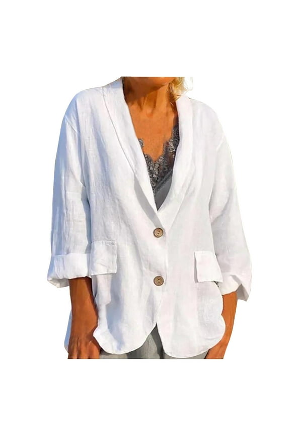 Cotton Linen Blazers for Women Dressy Casual Long Sleeve Button Open Front Linen Jackets Solid Lightweight Cardigan Blazers for Work Professional Suits Jackets White XXXL