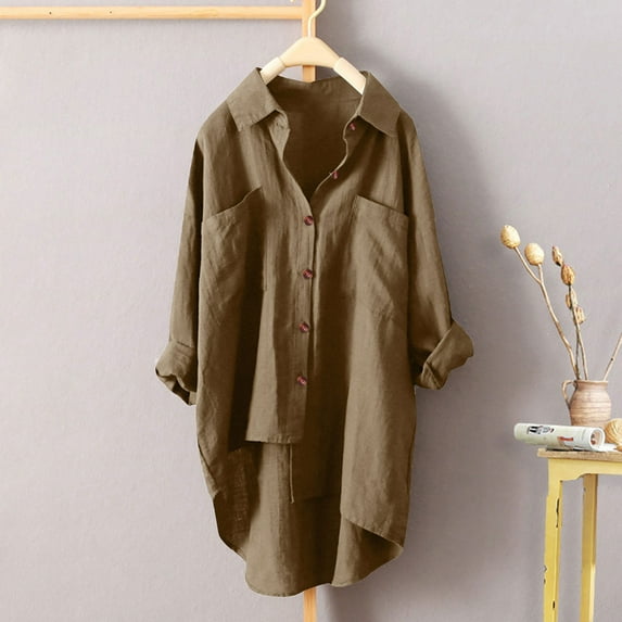 Meichang Cotton Linen Button Down Shirts for Women Plus Size Long Sleeve High Low Button Up Shirts Basic Solid Collar Roll-Up Tops Loose Fit Work Blouses with Pockets Khaki L