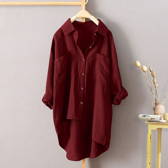 Meichang Cotton Linen Button Down Shirts for Women Plus Size Long Sleeve High Low Button Up Shirts Basic Solid Collar Roll-Up Tops Loose Fit Work Blouses with Pockets Wine M