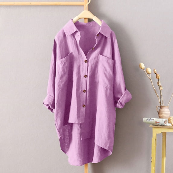 Meichang Cotton Linen Button Down Shirts for Women Plus Size Long Sleeve High Low Button Up Shirts Basic Solid Collar Roll-Up Tops Loose Fit Work Blouses with Pockets Pink XXXL