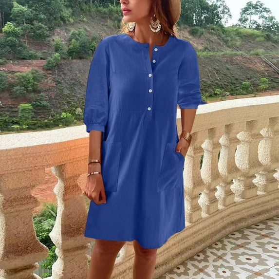 Meichang Cotton Linen Dresses for Women 2024 Casual Solid Crew Neck Half Button Dresses 3/4 Sleeve Comfy Mini Dress Flowy Beach Vacation Dresses with Pockets Blue L