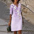 thumbnail image 1 of Meichang Cotton Linen Dresses for Women Casual Summer Floral Graphic Knee Length Dresses Notch V Neck Short Sleeve Midi Dresses Lightweight Comfy Beach Vacation Dresses Purple L, 1 of 5