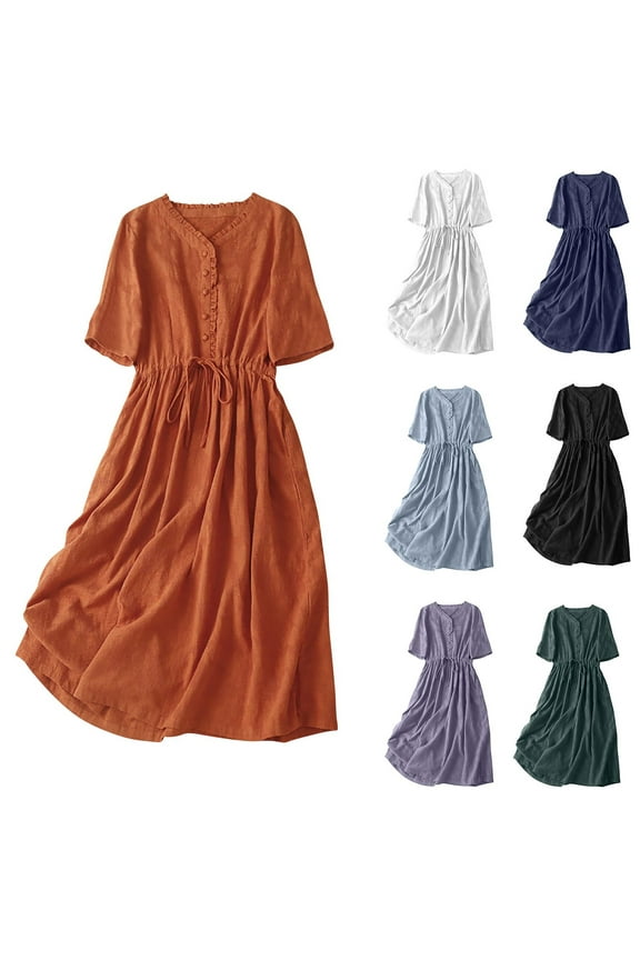Cotton Linen Dresses for Women Retro Vintage Lace-Up Waist A Line Midi Dress Summer Casual Short Sleeve V Neck Half Button Layered Pleated Beach Dress