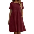 thumbnail image 1 of Meichang Cotton Linen Dresses for Women Short Sleeve Crew Neck Tiered Dresses Solid Loose Fit Mini Dresses Flowy Summer Dresses Casual Work Dresses with Pockets Wine S, 1 of 5
