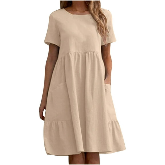 Meichang Cotton Linen Dresses for Women Short Sleeve Crew Neck Tiered Dresses Solid Loose Fit Mini Dresses Flowy Summer Dresses Casual Work Dresses with Pockets Khaki M