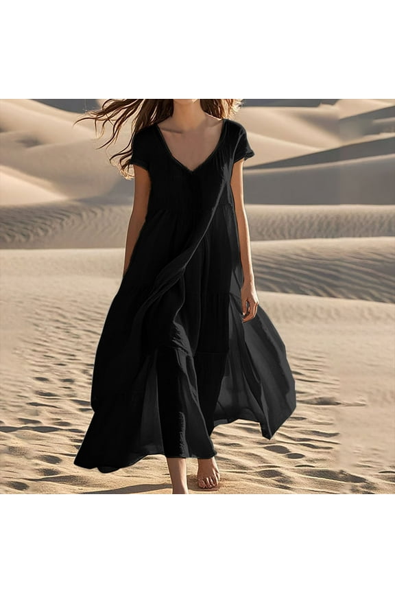 Cotton Linen Dresses for Women Summer V Neck Short Sleeve Ruffle Tiered Maxi Dresses Flowy Swing Loose Fit Long Dress Women's Beach Linen Dresses