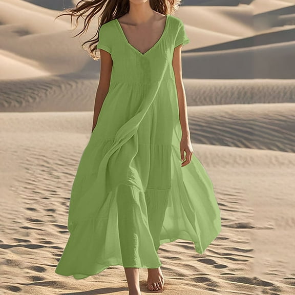 Meichang Cotton Linen Dresses for Women Summer V Neck Short Sleeve Ruffle Tiered Maxi Dresses Flowy Swing Loose Fit Long Dress Women's Beach Linen Dresses