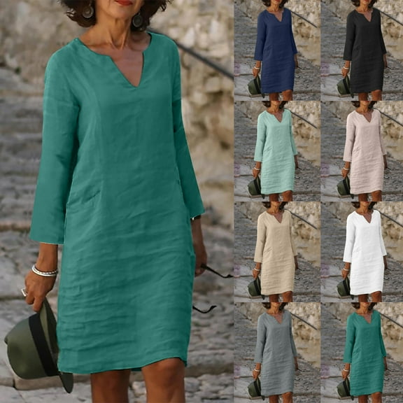 Meichang Cotton Linen Dresses for Women Long Sleeve Notch V Neck Fall Mini Dress Casual Solid Loose Fit Work Dress for Seniors