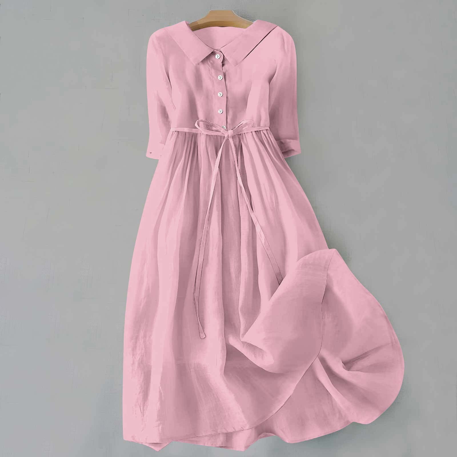 Meichang Cotton Linen Dresses for Women Solid Lapel Button Midi Dresses — free download