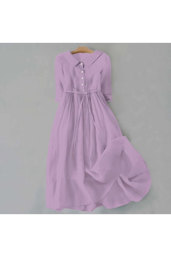 Cotton Linen Dresses for Women Solid Lapel Button Midi Dresses 3/4 Sleeve Tie Waist A Line Dresses Flowy Pleated Casual Dresses Purple L