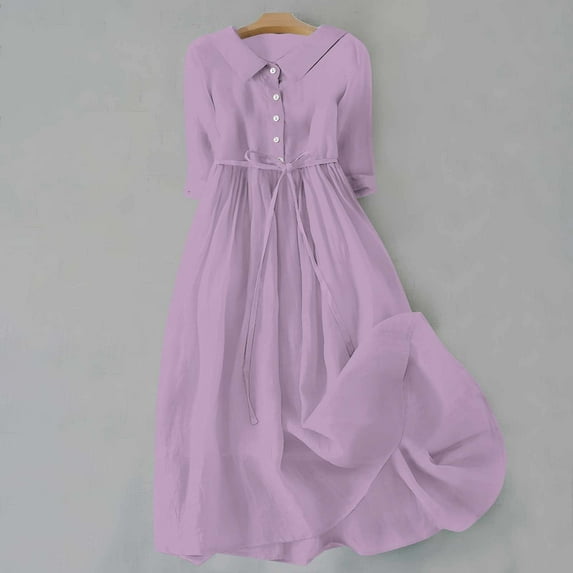 Meichang Cotton Linen Dresses for Women Solid Lapel Button Midi Dresses 3/4 Sleeve Tie Waist A Line Dresses Flowy Pleated Casual Dresses Purple S