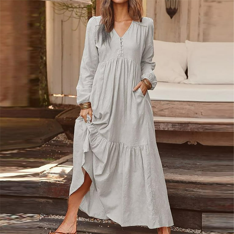 Meichang Cotton Linen Dresses for Women V Neck Long Sleeve Ruffle