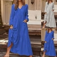 thumbnail image 1 of Meichang Cotton Linen Dresses for Women V Neck Long Sleeve Ruffle Tiered Dresses Solid Loose Fit Maxi Dresses Summer Swing Long Dresses, 1 of 5