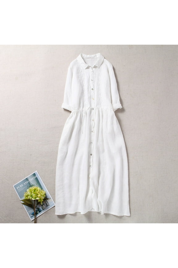 Cotton Linen Shirt Dresses Women Solid Loose Fit Half Sleeve Lapel Button Down Midi Dresses Flowy Casual Long Tunic Dresses White M