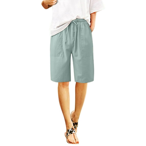 Meichang Cotton Linen Short for Women with Elastic Waist Drawstring Summer Half Trousers Casual Breathable Solid Color Pockets Shorts