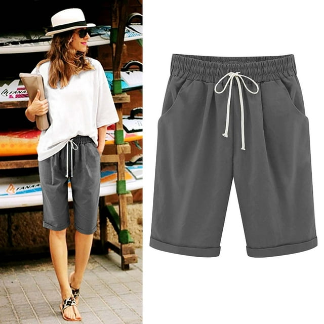 Meichang Cotton Linen Shorts for Women Elastic Waist Knee Length Bermuda Shorts Loose Lounge Shorts with Drawstring Pockets