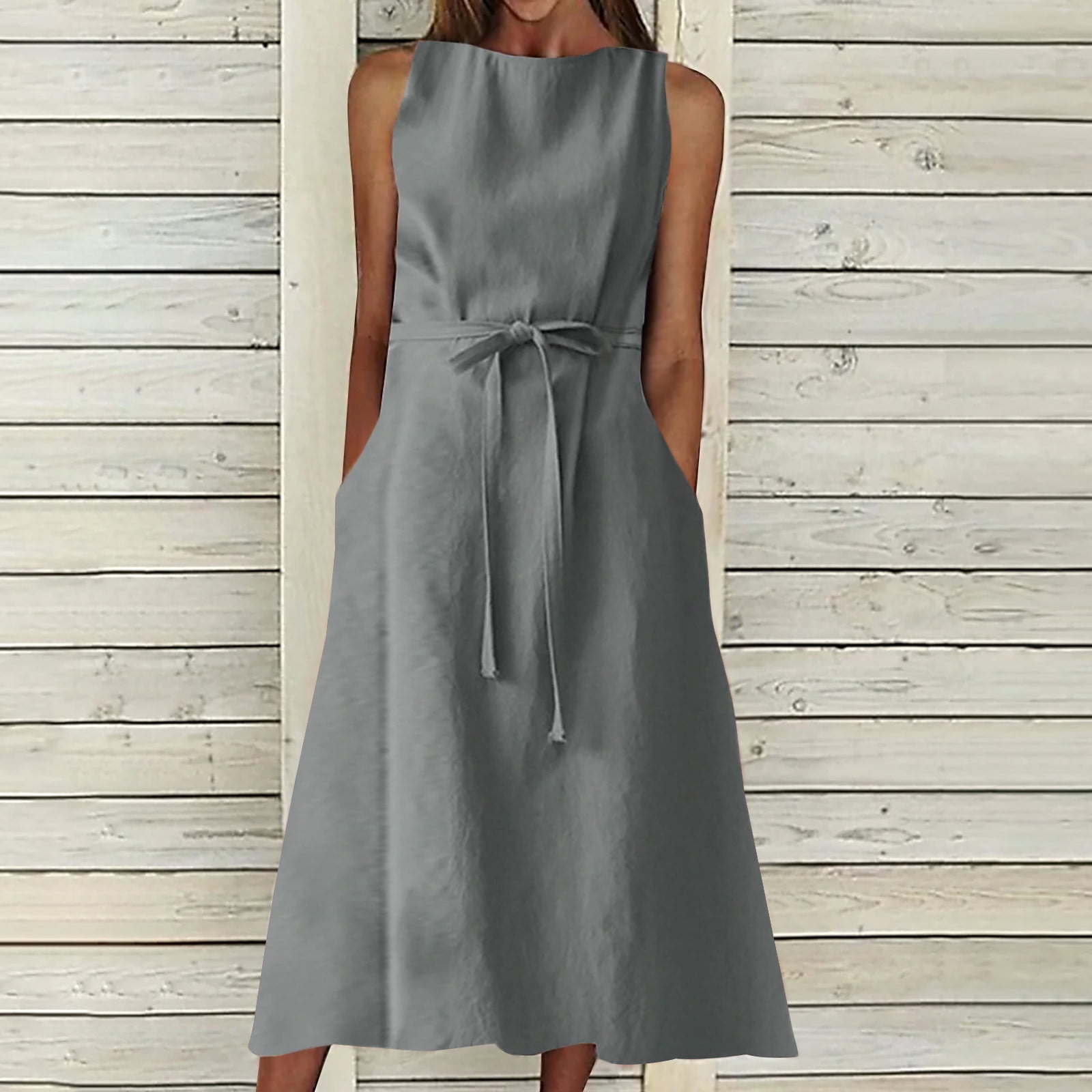 Meichang Cotton Linen Sleeveless Dresses for Women 2024 Solid Boat Neck  Midi Dresses Plus Size Loose Fit Drawstring Waisted Dresses with Pockets  Casual Long Dresses Gray L - Walmart.com