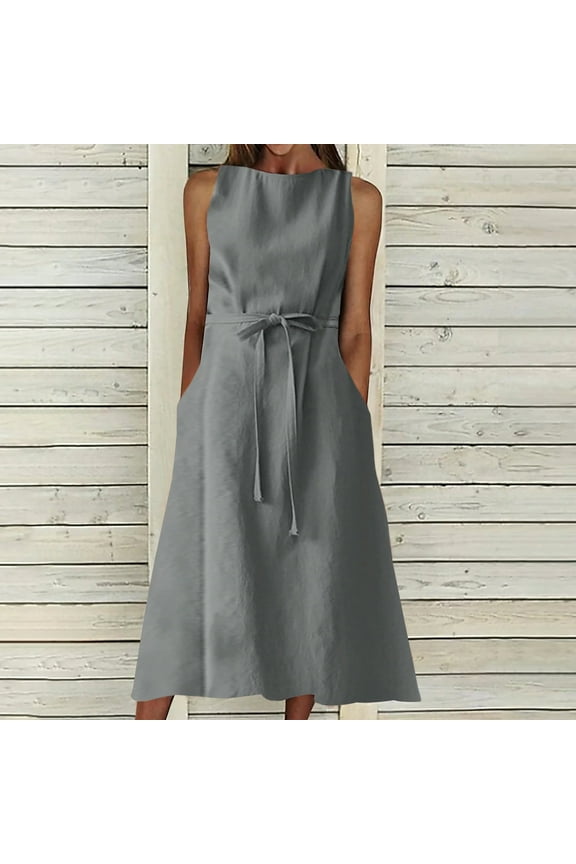 Cotton Linen Sleeveless Dresses for Women 2024 Solid Boat Neck Midi Dresses Plus Size Loose Fit Drawstring Waisted Dresses with Pockets Casual Long Dresses Gray M