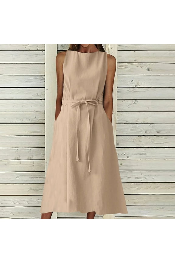 Cotton Linen Sleeveless Dresses for Women 2024 Solid Boat Neck Midi Dresses Plus Size Loose Fit Drawstring Waisted Dresses with Pockets Casual Long Dresses Beige S