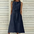 thumbnail image 1 of Meichang Cotton Linen Sleeveless Dresses for Women 2024 Solid Boat Neck Midi Dresses Plus Size Loose Fit Drawstring Waisted Dresses with Pockets Casual Long Dresses Dark Blue XL, 1 of 6